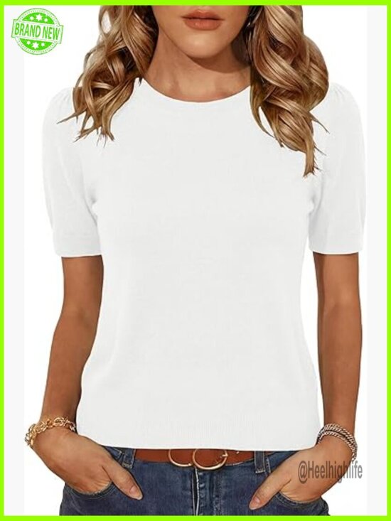 Sweaters - Cropped Wool Blend Sweater Puff Sleeve Crew Neck Pullover Lightweight Top